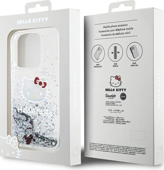 Mbështjellës Hello Kitty Liquid Glitter Charms Kitty Head për iPhone 15 Pro, argjend