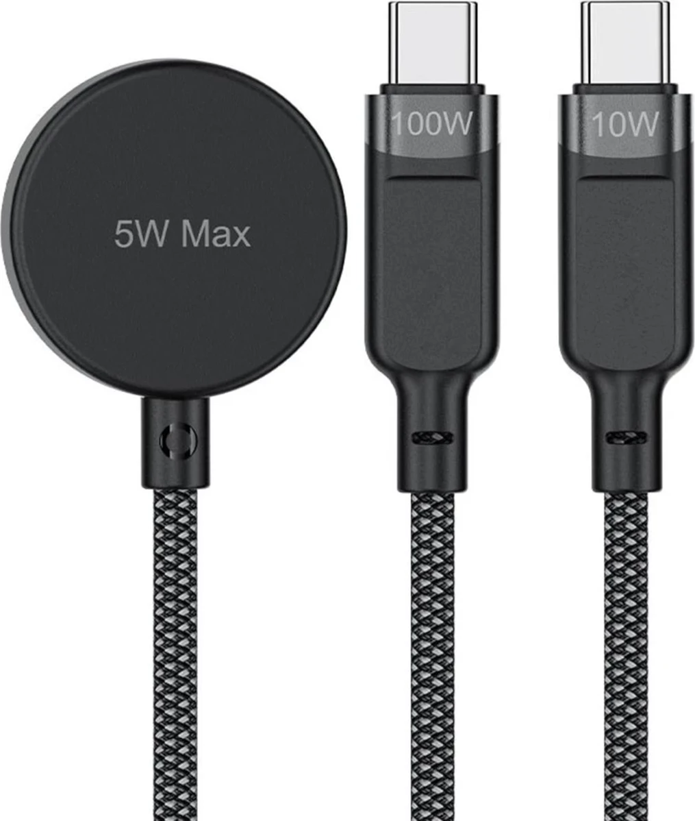 Kabllo 3n1 Acefast C6-11, 2x USB-C / Qi, 1.2m, 100W, e zezë