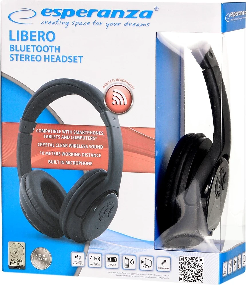 Kufje wireless Esperanza Libero EH163K, head-band, Bluetooth, 10 orë, e zezë