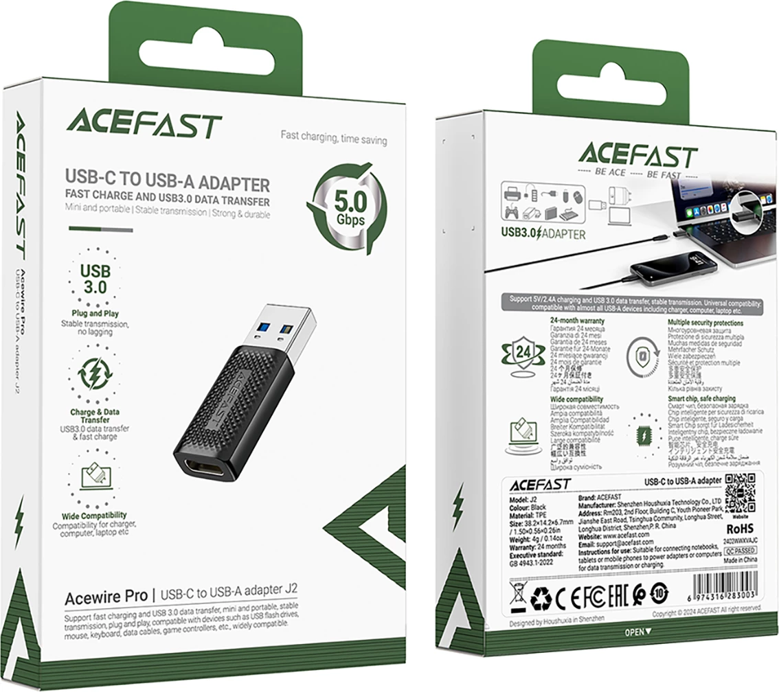 Adapter USB Acefast J2, USB-C (femër) në USB-A (mashkull), 5Gb/s, i zi