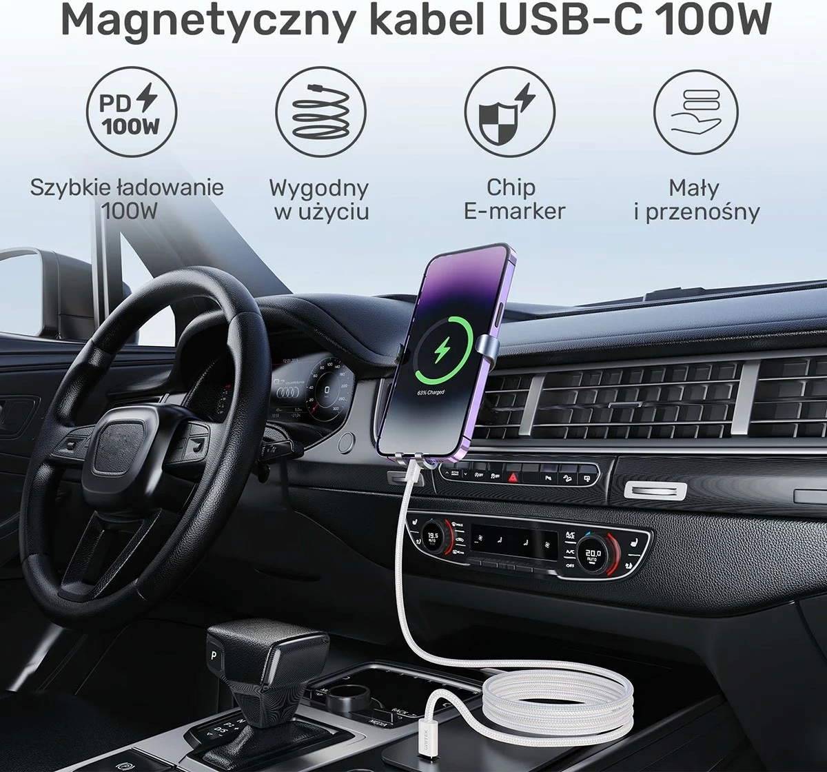 Kabëll Unitek USB-C PD 100W, 1m, bardhë
