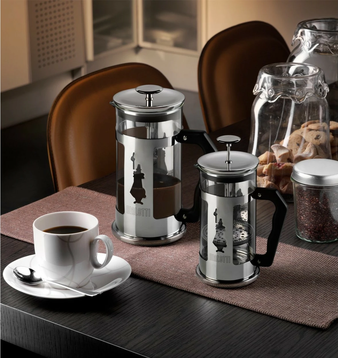 French Press Bialetti Preziosa 1L, çelik inox/xham, argjendtë/zezë