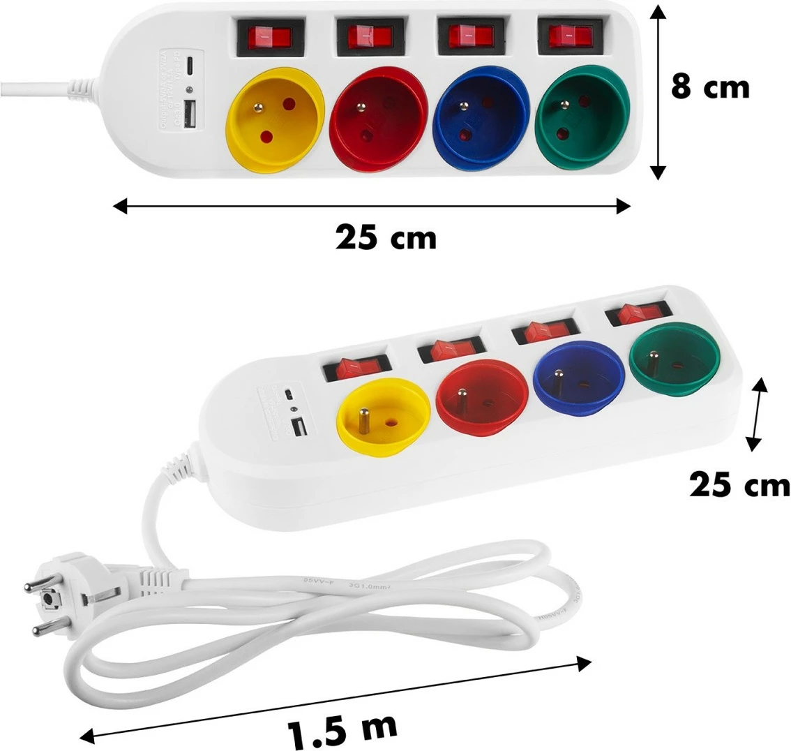 Listë zgjatjeje Maclean MCE508 W, 4 prizë, 1.5m, 2x USB, Bardhë