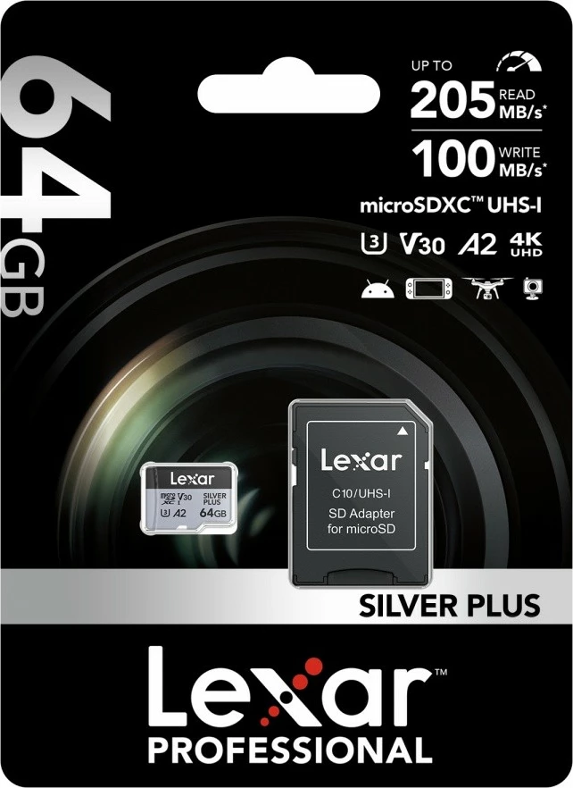 Kartë memorje microSD Lexar LMSSIPL064G-BNANG 64GB UHS-I A2 U3 V30 205/100MB/s me adapter SD Silver Plus