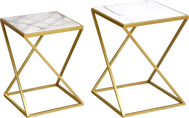 Tavolina anësore për dhomë ndeje set prej 2 copë Zoliene Inart metal i artë-mermer i bardhë