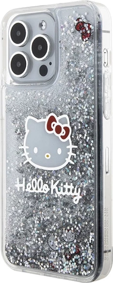 Mbështjellës Hello Kitty Liquid Glitter Charms Kitty Head për iPhone 15 Pro Max, argjendtë