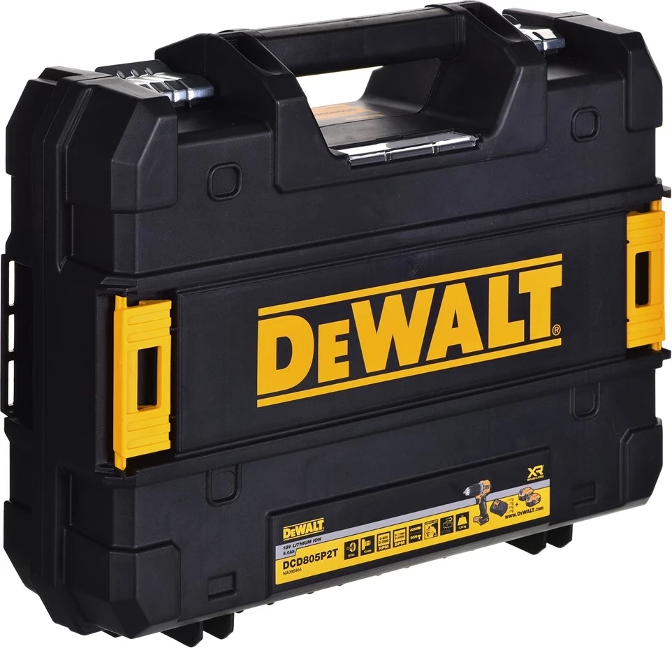 Drill/driver DeWalt DCD805P2T, 18V, 2x5.0Ah, me valixhe TSTAK, Verdhë