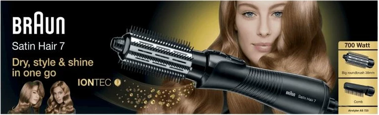 furçë me ajër të nxehtë, Braun, Satin Hair 7 AS720, e zezë