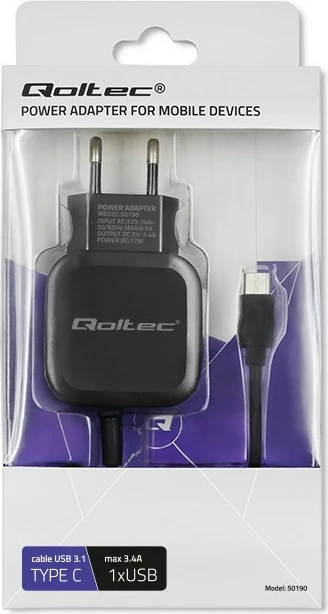 Adapter karikimi mur Qoltec 50190, 17W, 5V, 3.4A, USB + USB Type-C, i zi