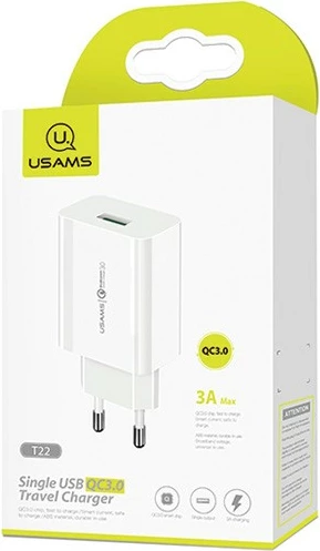 Karikues rrjeti USAMS T22, 18W, QC 3.0, me kabllo USB-C 100cm, Bardhë