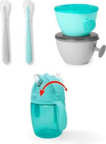 Set ushqimi Skip Hop Easy-Feed, 2 tasa, 2 lugë, 1 shishe, kaltër/gri