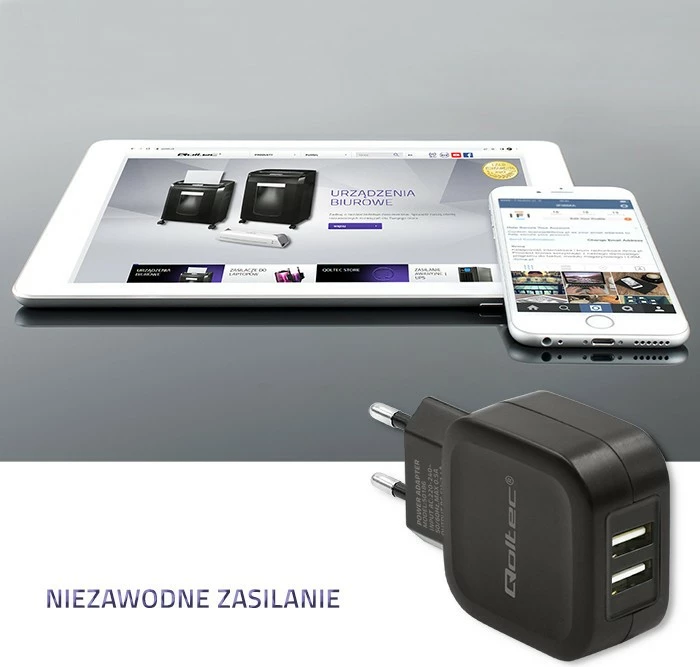 Karikues muri Qoltec 50186, 17W, 2xUSB, 5V, 3.4A, i zi