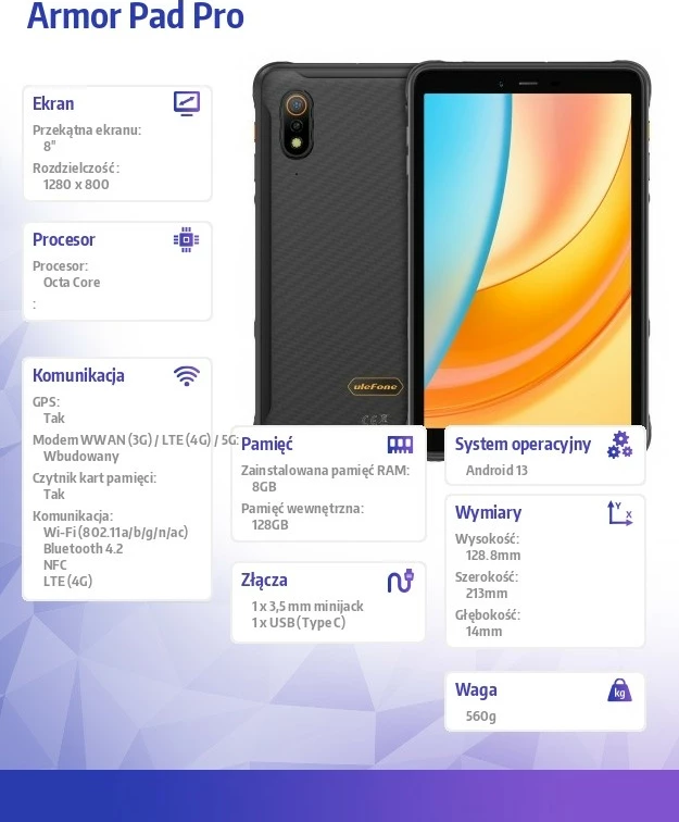 Tablet Ulefone Armor Pad Pro 8/128GB 8" 4G, i zi