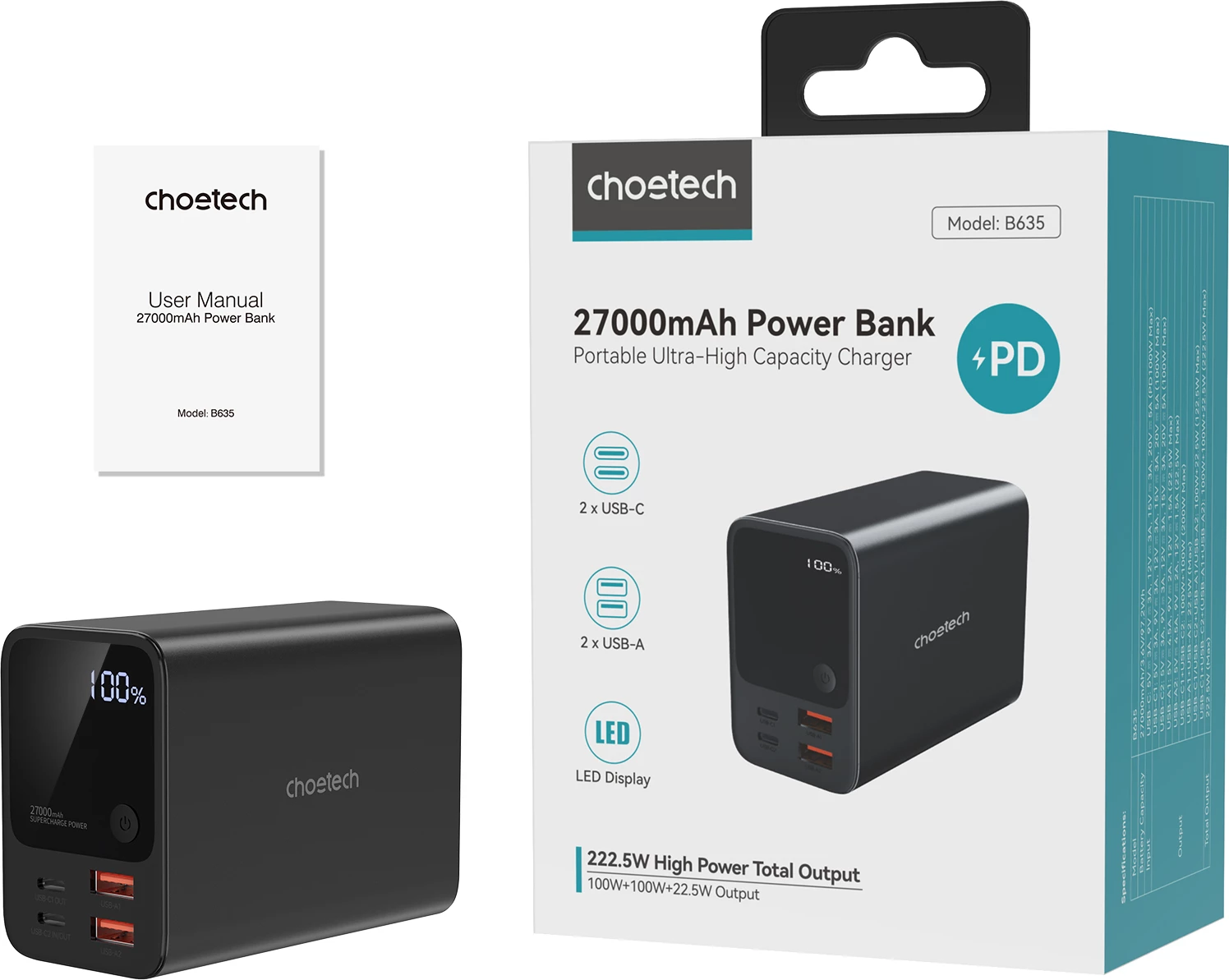 Powerbank Choetech B635BK, 27000mAh, 22.5W, e zezë