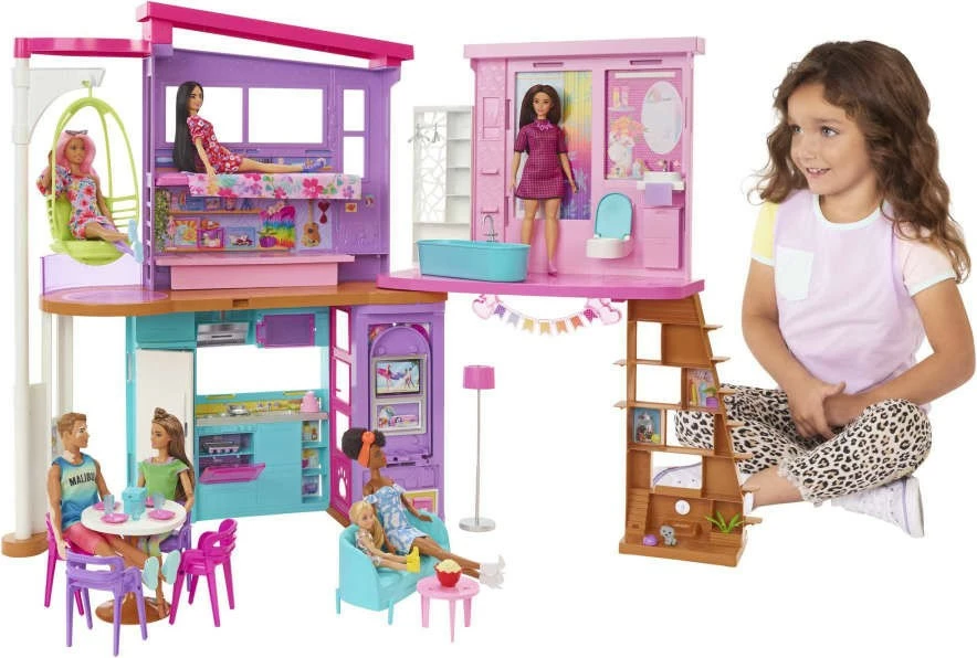 Shtëpi lodër Barbie Mattel Holiday House HCD50, me 2 kate, 6 zona loje, 30+ aksesorë, Rozë/Turquoise/Vjollcë