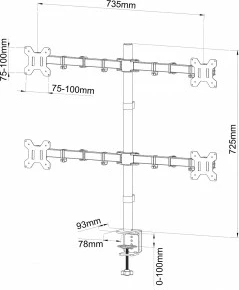 Mbajtëse tavoline për 4 monitorë, ART RAMART L-04N, 13-27", Metal, e zezë