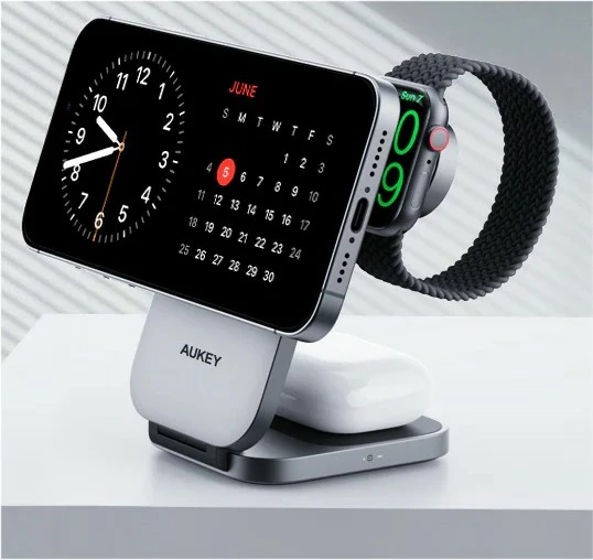 Karikues wireless 3-në-1 AUKEY LC-MC312 MagSafe Qi2, 15W + Karikues PD 30W, Gri, me etui