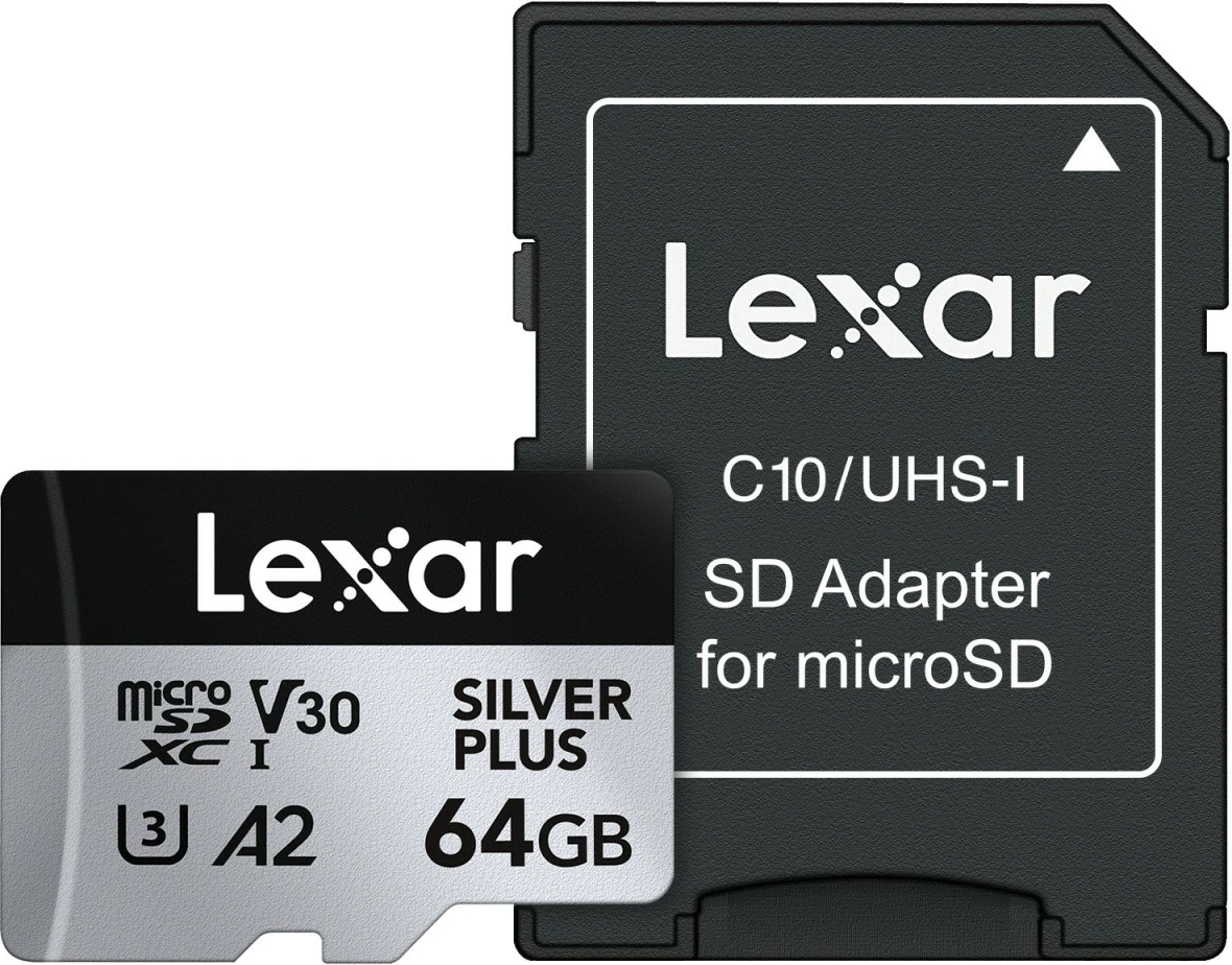 Kartë memorje microSD Lexar LMSSIPL064G-BNANG 64GB UHS-I A2 U3 V30 205/100MB/s me adapter SD Silver Plus