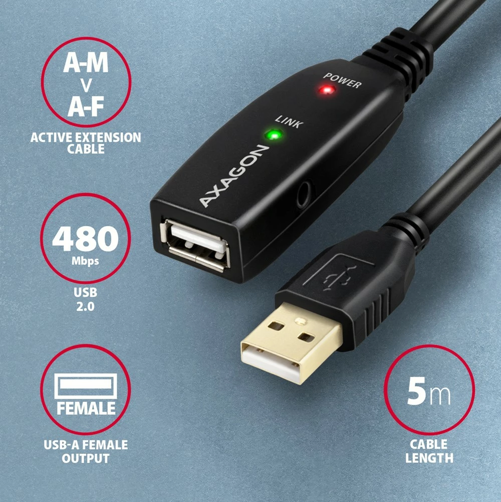 Kabllo zgjatues aktiv USB 2.0 AXAGON ADR-205, 5m, i zi
