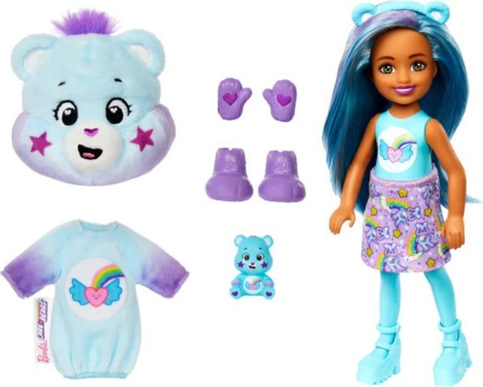 Kukull Barbie Cutie Reveal Chelsea Mattel JGH75, seri Care Bears, 6 befasi, minifigurë Care Bear, set 5-pjesësh, shumëngjyrësh