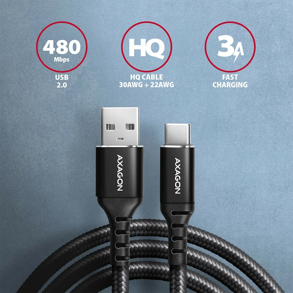 Kabllo AXAGON BUCM-AM15AB USB-C në USB-A, 1.5m, USB 2.0, 3A, e zezë