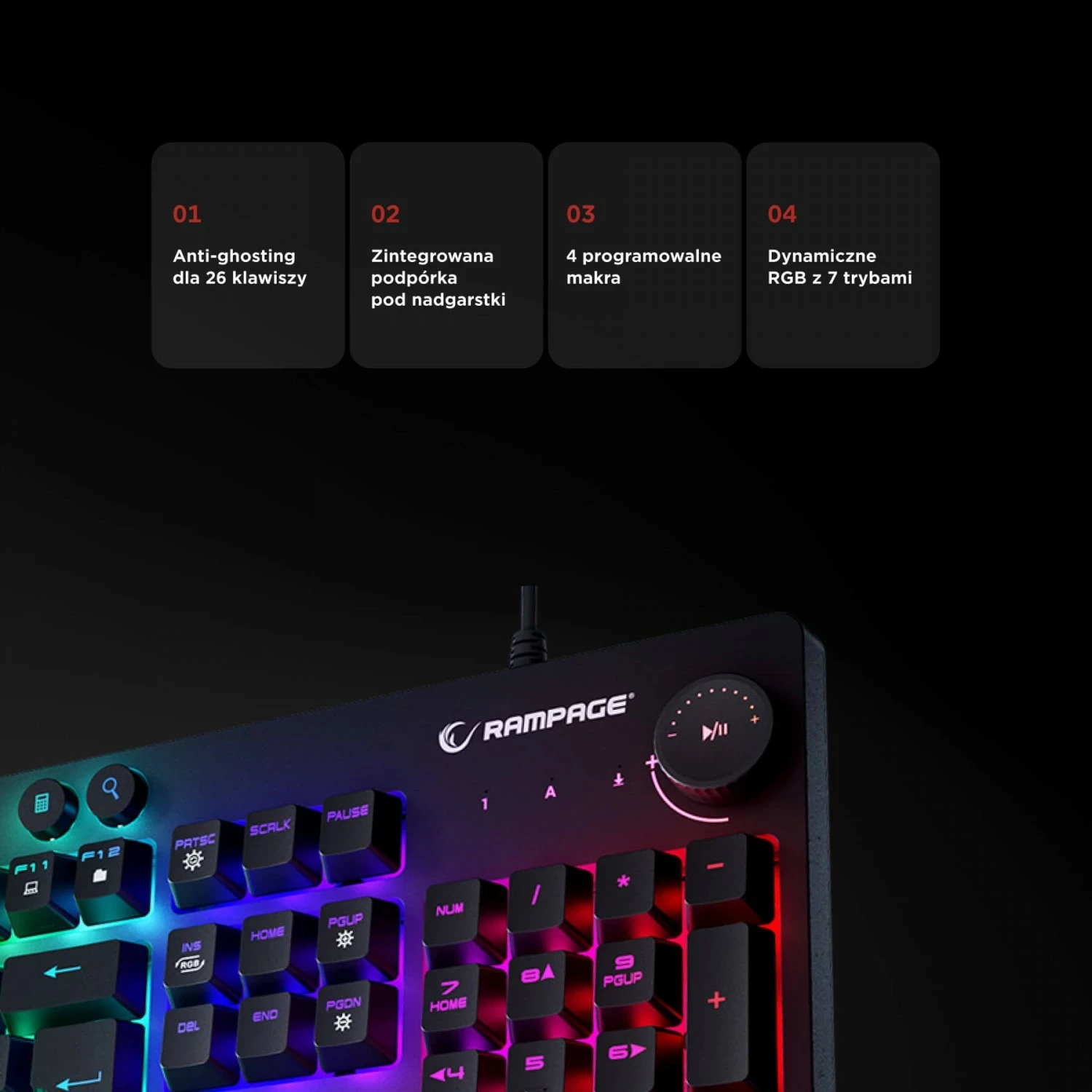 Tastierë gaming Rampage Simula RGB, full-size, me mbështetëse, e zezë