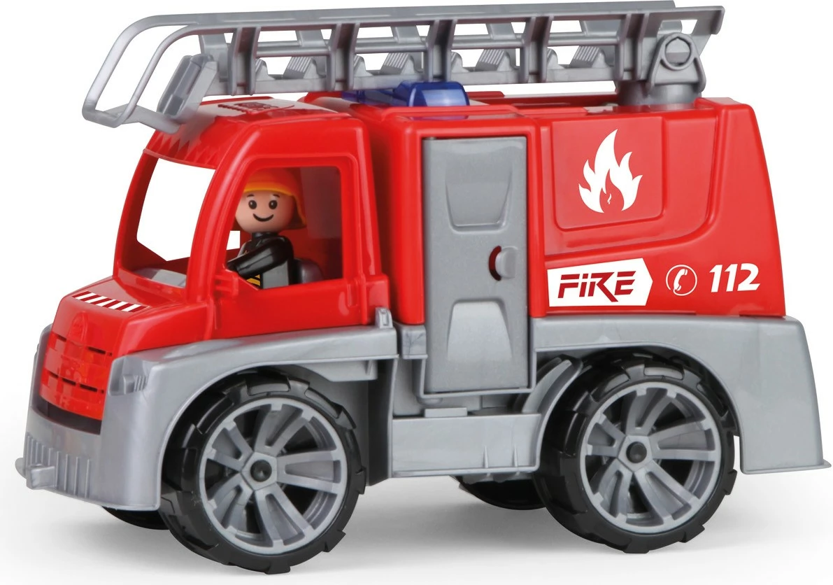 Kamion zjarrfikës lodër Lena Truxx me shkallë dhe figurë zjarrfikësi, i kuq