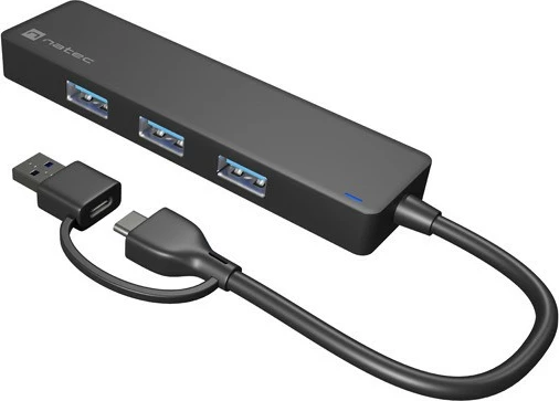 Hub USB Natec Mayfly NHU-2023, 4 porta USB-A, me adapter USB-A në USB-C, e zezë