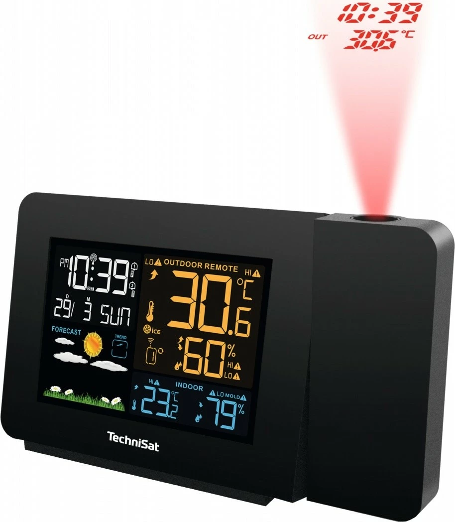 Stacion moti TechniSat iMETEO P1, sensor pa tela 60 m, orë DCF me alarm dhe snooze, projektor, ekran LCD 90x60 mm, e zezë