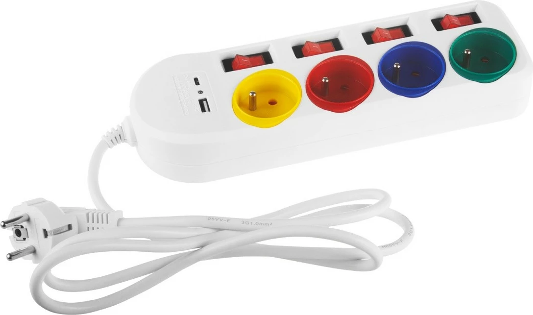 Listë zgjatjeje Maclean MCE508 W, 4 prizë, 1.5m, 2x USB, Bardhë