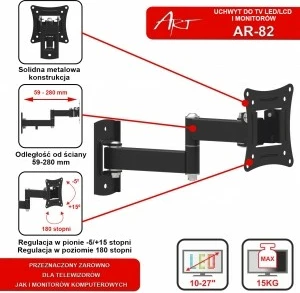 Mbajtës muri për TV/monitor ART RAMT AR-82, 10-27 inç, 15 kg, Metal, i zi