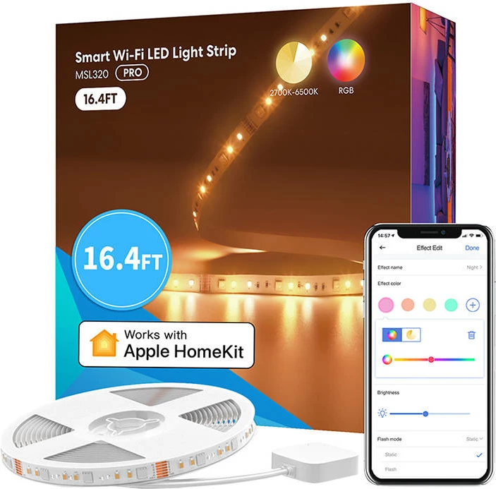 Shirit LED i mençur Meross MSL320, 5m, RGBWW, Wi-Fi, HomeKit