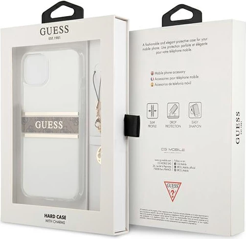 Mbështjellës Guess GUHCP13SKB4GBR për iPhone 13 mini 5.4", transparent, me varëse, kafe