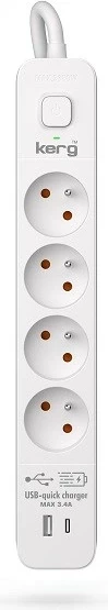Shirit rryme KERG me ndërprerës qarku, 4 porta USBC+USBA, 16A, 3m, Bardhë