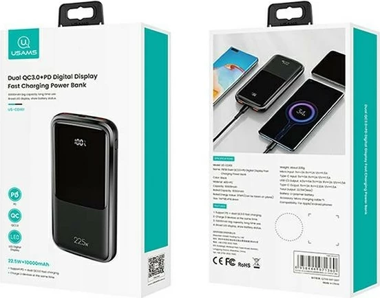 Powerbank USAMS PB58 10000mAh, 22.5W, PD + QC 3.0, e zezë