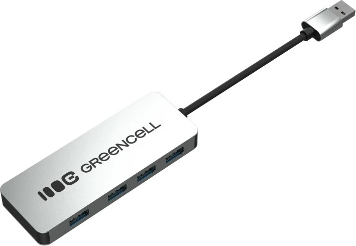 Hub USB-A, Green Cell HUB-GC-A4A, 4x USB 3.0 deri 5 Gb/s, kabëll i integruar 15 cm, kasë alumini, argjend/zi