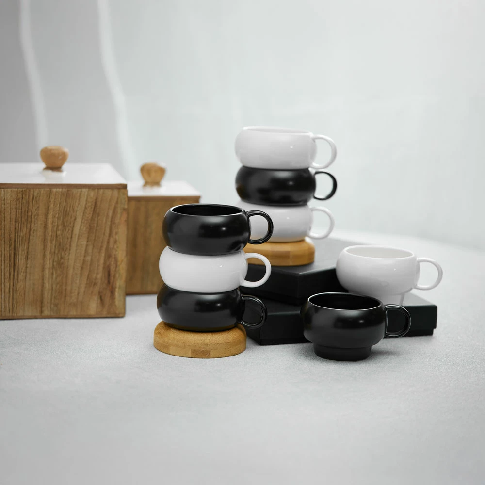 Set filxhanësh Curve 4 copë, porcelan i bardhë, bambu natyral, 12x10x19cm