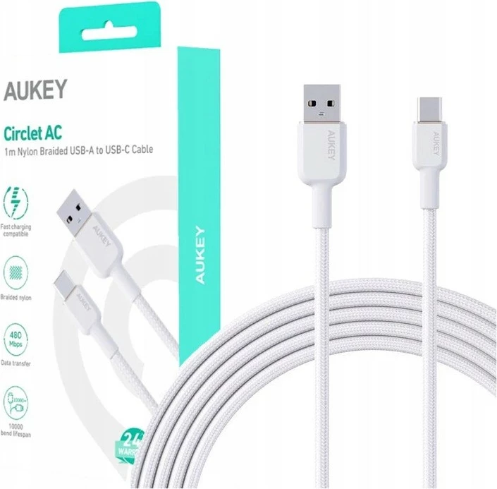 Kabllo AUKEY CB-NAC1, USB-A në USB-C, 1m, 60W, E bardhë