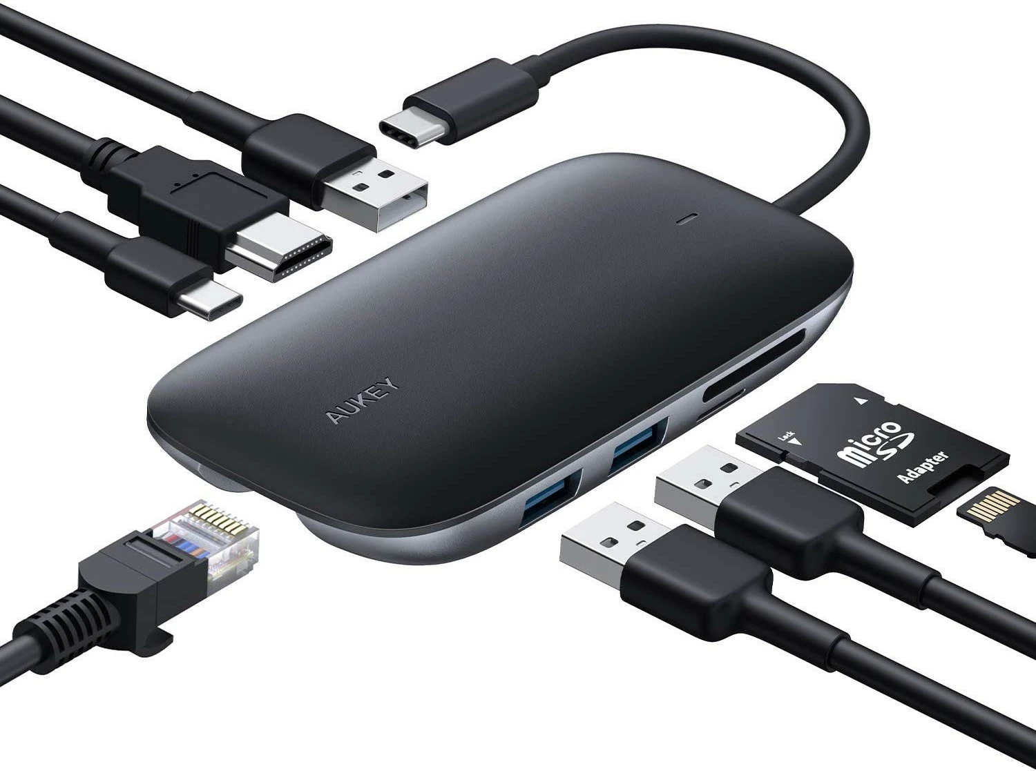 USB-C HUB AUKEY CB-C71 8-në-1, HDMI 4K, 3x USB 3.1, RJ45, SD/microSD, Power Delivery 100W, Alumini, Zi