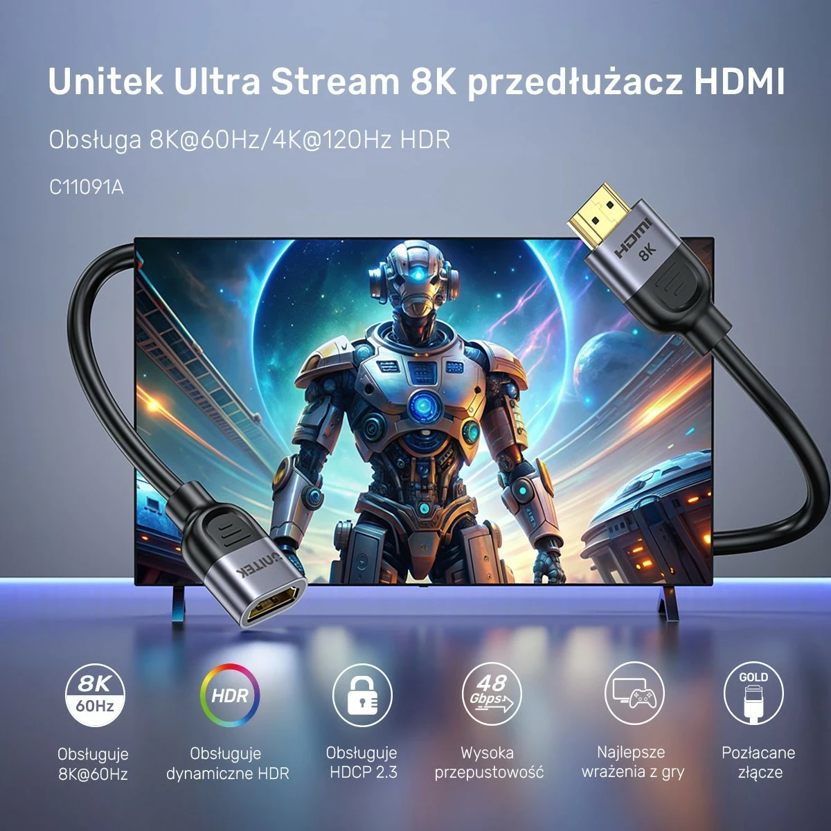 Zgjatës HDMI Unitek 2.1, 8K 0.5m, ngjyrë argjend-zi