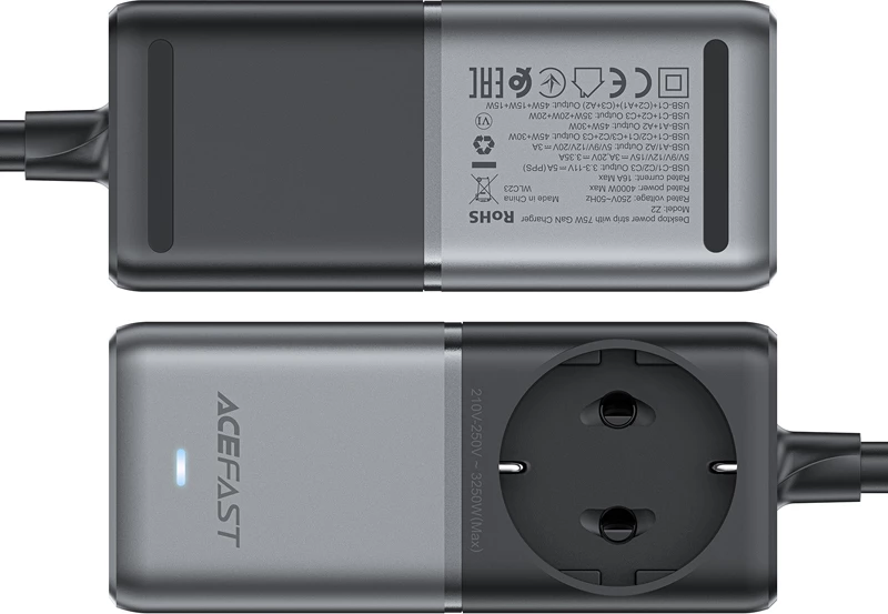 Karikues desktop Acefast Z2 GaN, 75W, 3x USB-C, 2x USB-A, zezë/gri