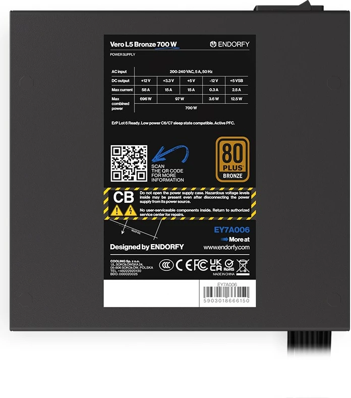 Kasë furnizimi Endorfy Vero L5 Bronze 700W, 80 PLUS Bronze, e zezë