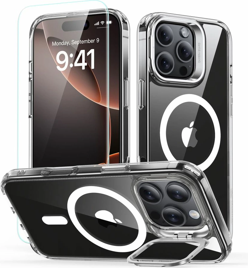 Mbështjellës ESR Classic Hybrid Kickstand HaloLock MagSafe me xham të temperuar për iPhone 16 Pro, Transparent, Set