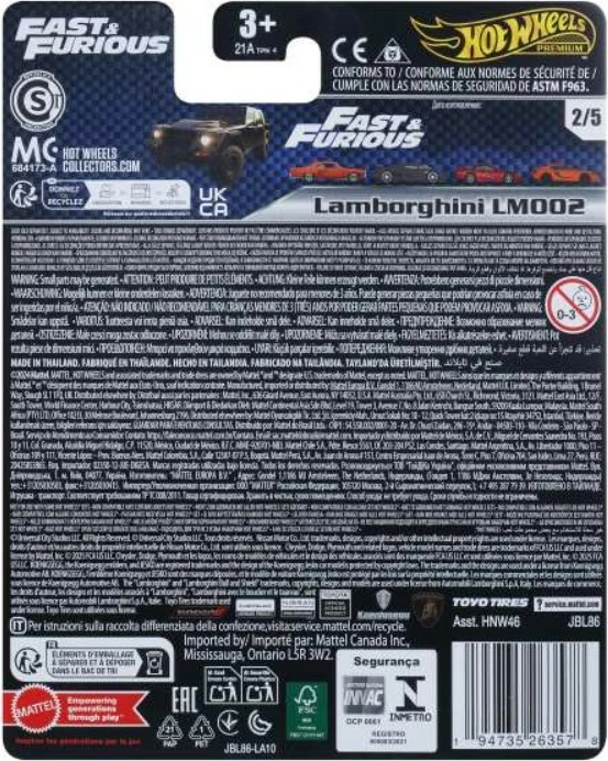 Maket makine 1:64, Hot Wheels Fast & Furious, Lamborghini LM002 HNW46/JBL86, metal me goma Real Riders, e zezë