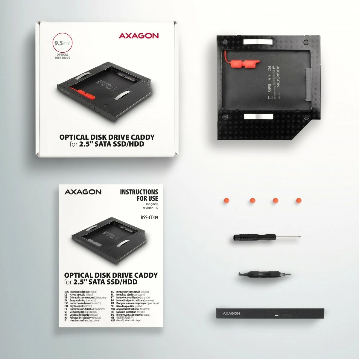 Kasë AXAGON RSS-CD09 për SSD/HDD 2.5", për slot DVD 9.5mm, Alumini, E zezë