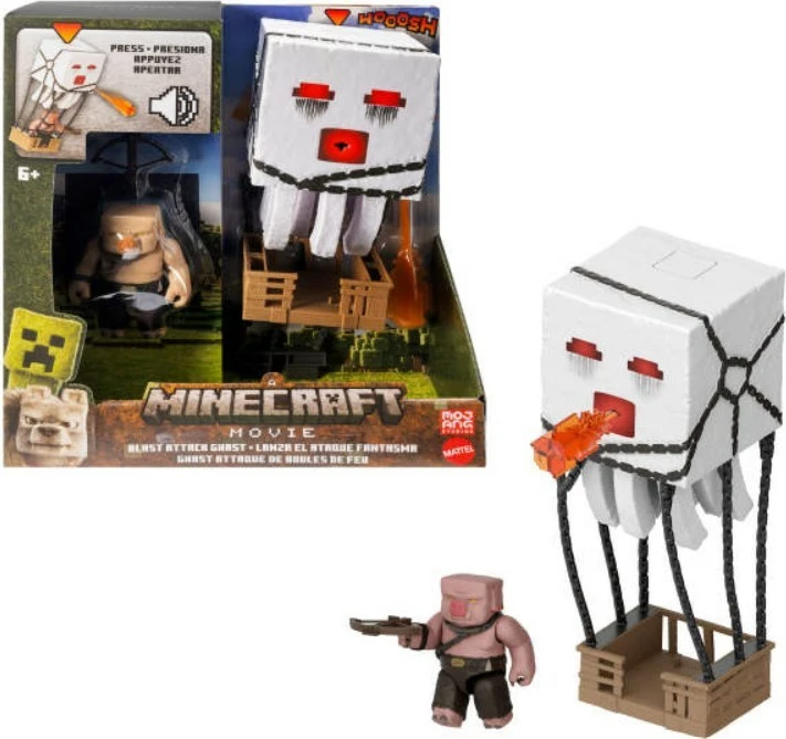 Set figurina Minecraft Mattel JFB69 Attack Ghast me projektile dhe Piglin Warrior