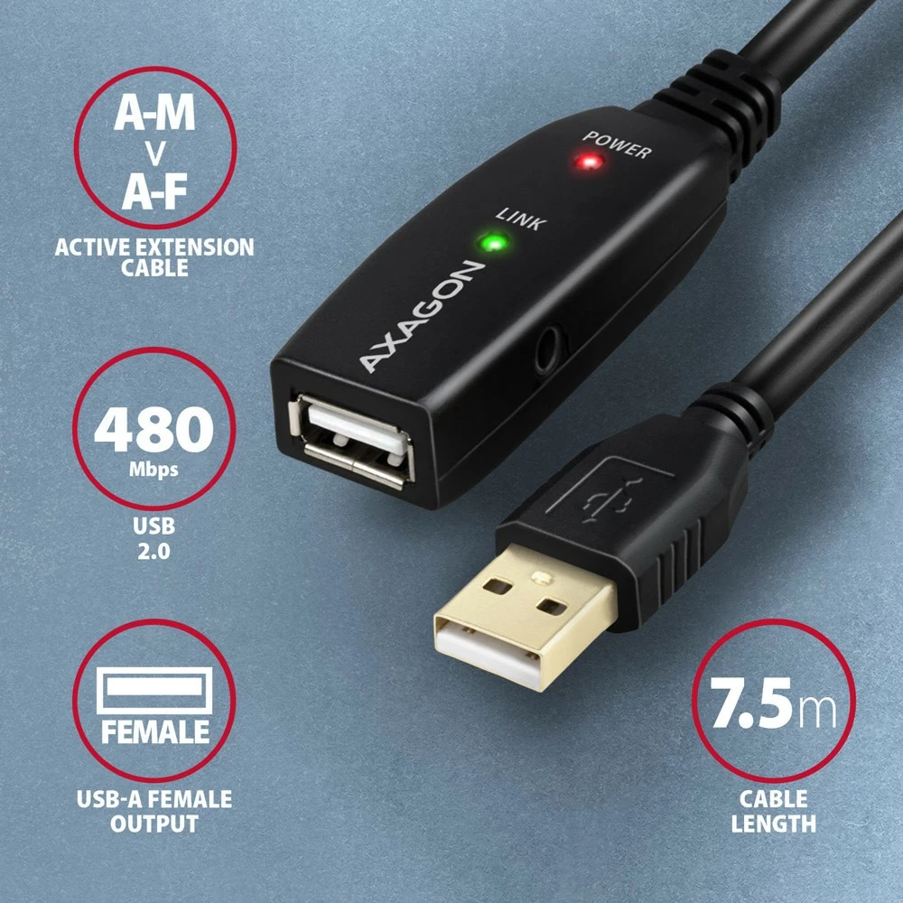 Kabllo zgjatuese aktive USB 2.0 AXAGON ADR-207, 7.5m, e zezë