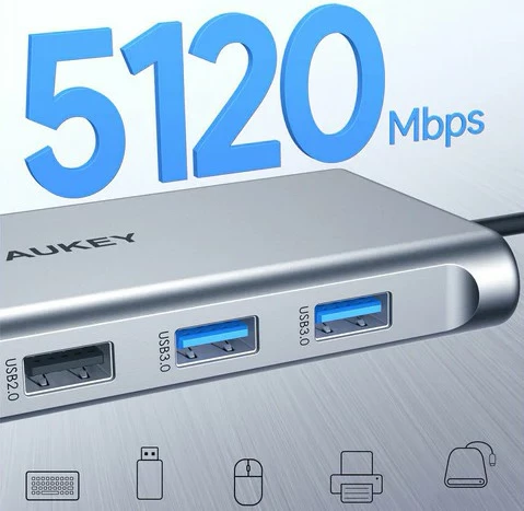 Kasë AUKEY CB-C89, 10-në-1, USB-C, HDMI 4K, RJ45, SD/microSD, 100W, Argjendtë
