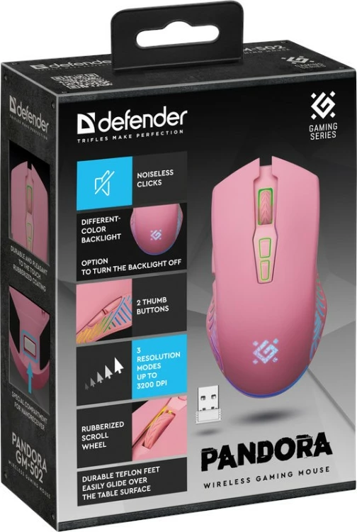 Maus wireless Defender PANDORA RF, 3200DPI, 7 butona, RGB, Rozë
