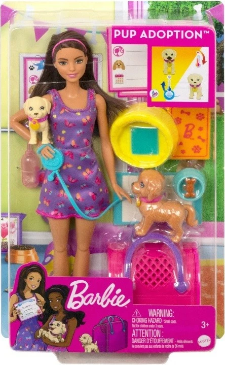 Set lodrash Barbie Puppy Adoption me kukull dhe qenushë, Mattel HKD86, për vajza